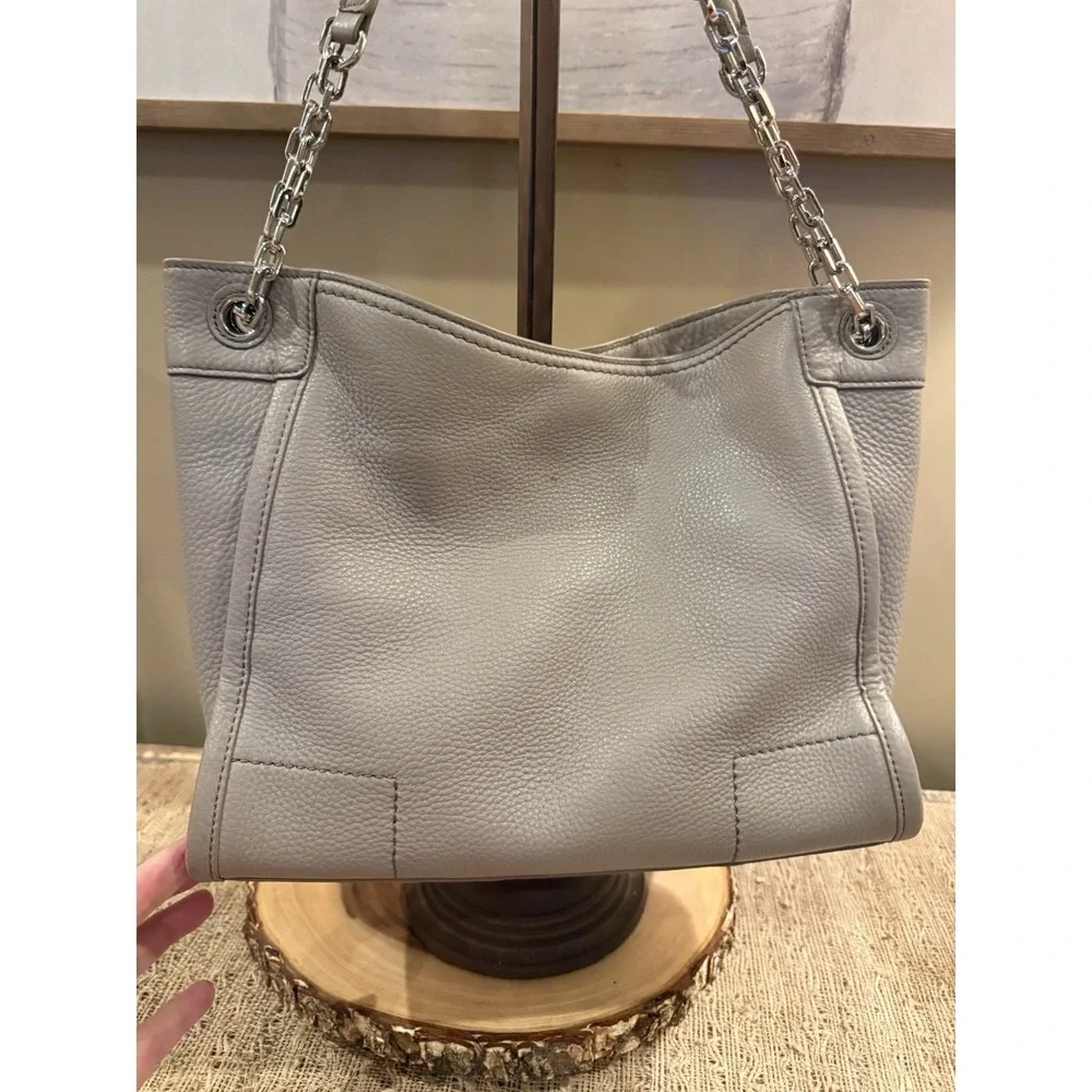 Tory Burch Britten French Grey Shoulder Bag‎ Pebbled Leather Chain Slouchy Tote